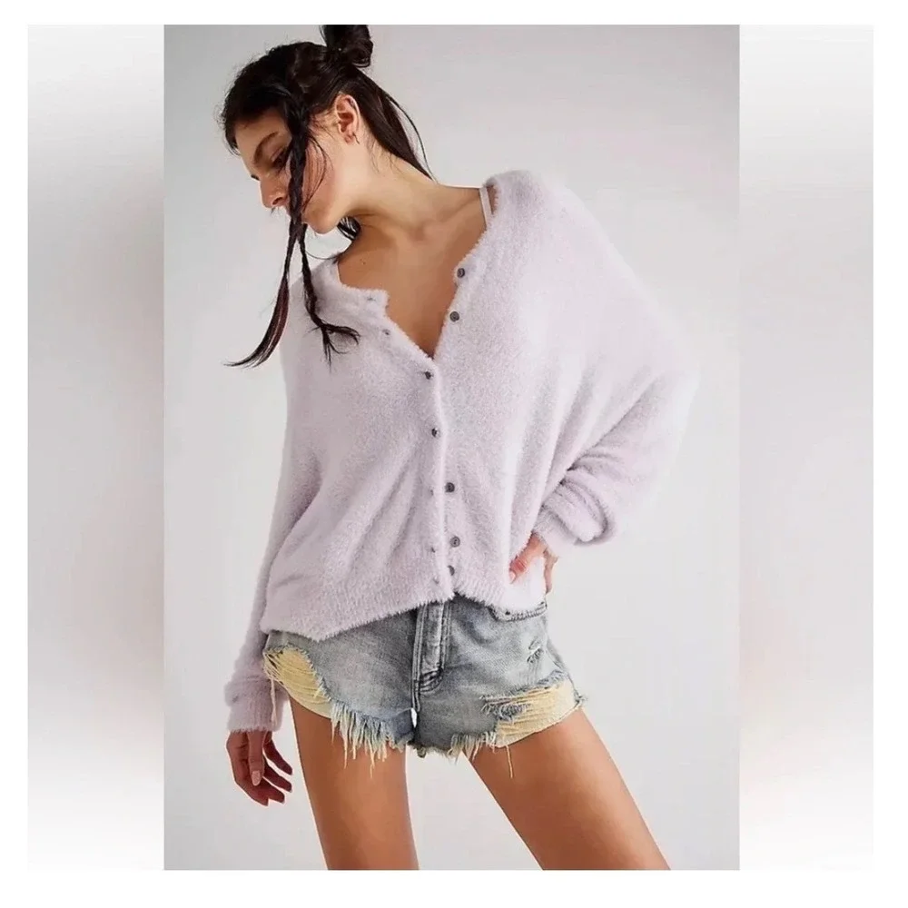 Free People Womens FP ONE Wyatt Fuzzy Cardigan XS Lavender Cropped Soft Knit